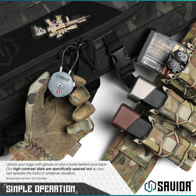 Simple Operation - Unlock your bags with gloves on and a hand behind your back.Our high contrast dials are specifically spaced out so you can operate the locks in whatever situation. Accessories shown not included.