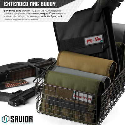 Extended Mag Buddy - Sort those piles of 9mm, .40 S&W, .45 ACP magazines you have laying around into useful, easy to ID pouches that you can take with you to the range. Includes 2 per pack. Firearms & magazines shown not included.