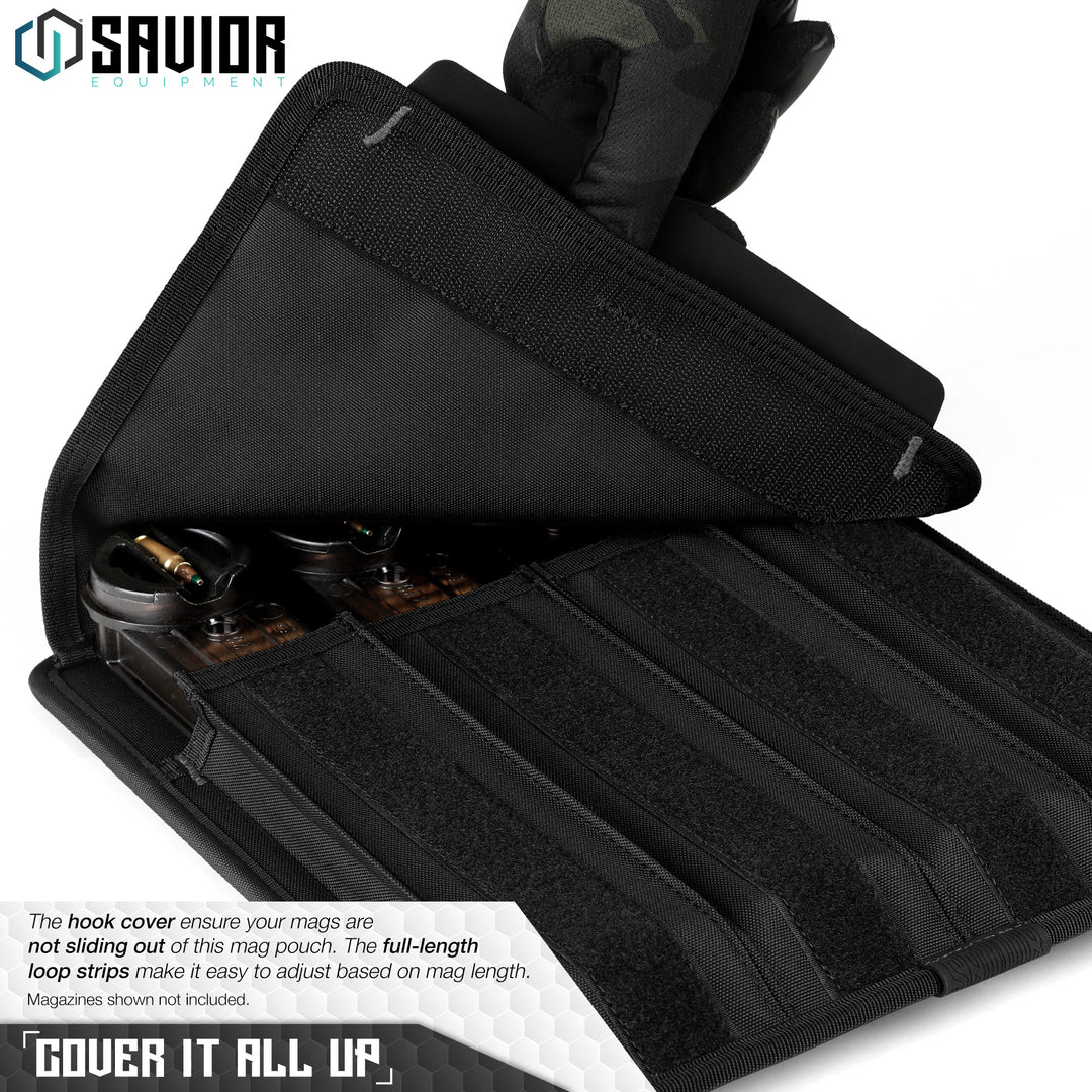 Cover It All Up - The hook cover ensure your mags are not sliding out of this mag pouch. The full-length loop strips make it easy to adjust based on mag length. Magazines shown not included.#color_obsidian-black