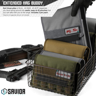 Extended Mag Buddy - Sort those piles of 9mm, .40 S&W, .45 ACP magazines you have laying around into useful, easy to ID pouches that you can take with you to the range. Includes 2 per pack. Firearms & magazines shown not included.