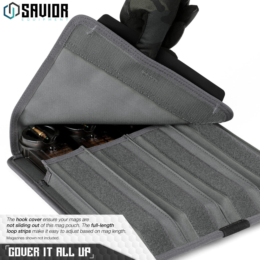 Cover It All Up - The hook cover ensure your mags are not sliding out of this mag pouch. The full-length loop strips make it easy to adjust based on mag length. Magazines shown not included.#color_sw-gray