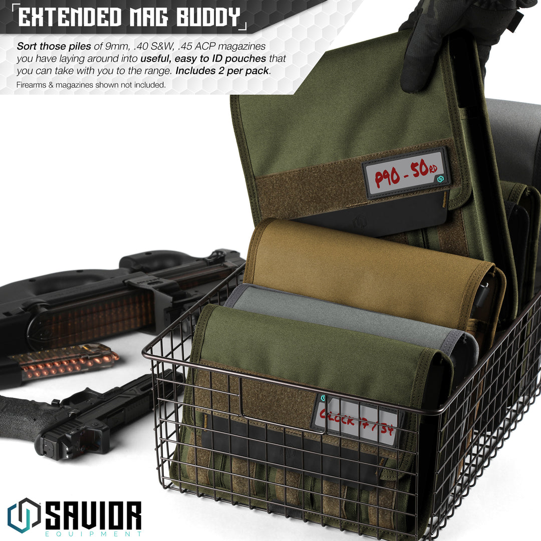 Extended Mag Buddy - Sort those piles of 9mm, .40 S&W, .45 ACP magazines you have laying around into useful, easy to ID pouches that you can take with you to the range. Includes 2 per pack. Firearms & magazines shown not included.#color_od-green
