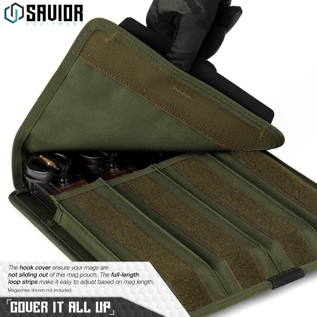 Cover It All Up - The hook cover ensure your mags are not sliding out of this mag pouch. The full-length loop strips make it easy to adjust based on mag length. Magazines shown not included.#color_od-green