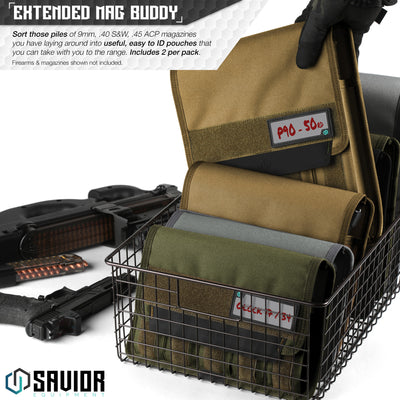 Extended Mag Buddy - Sort those piles of 9mm, .40 S&W, .45 ACP magazines you have laying around into useful, easy to ID pouches that you can take with you to the range. Includes 2 per pack. Firearms & magazines shown not included.