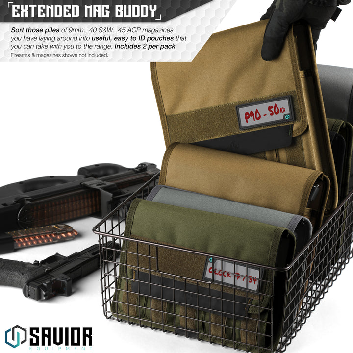 Extended Mag Buddy - Sort those piles of 9mm, .40 S&W, .45 ACP magazines you have laying around into useful, easy to ID pouches that you can take with you to the range. Includes 2 per pack. Firearms & magazines shown not included.#color_dark-fde