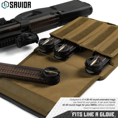 Fits Like A Glove - Designed to fit 4 30-40 round extended mags you have for your pistols. It can even handle 40-50 round mags for your SMGs without a problem. Firearms & magazines shown not included.