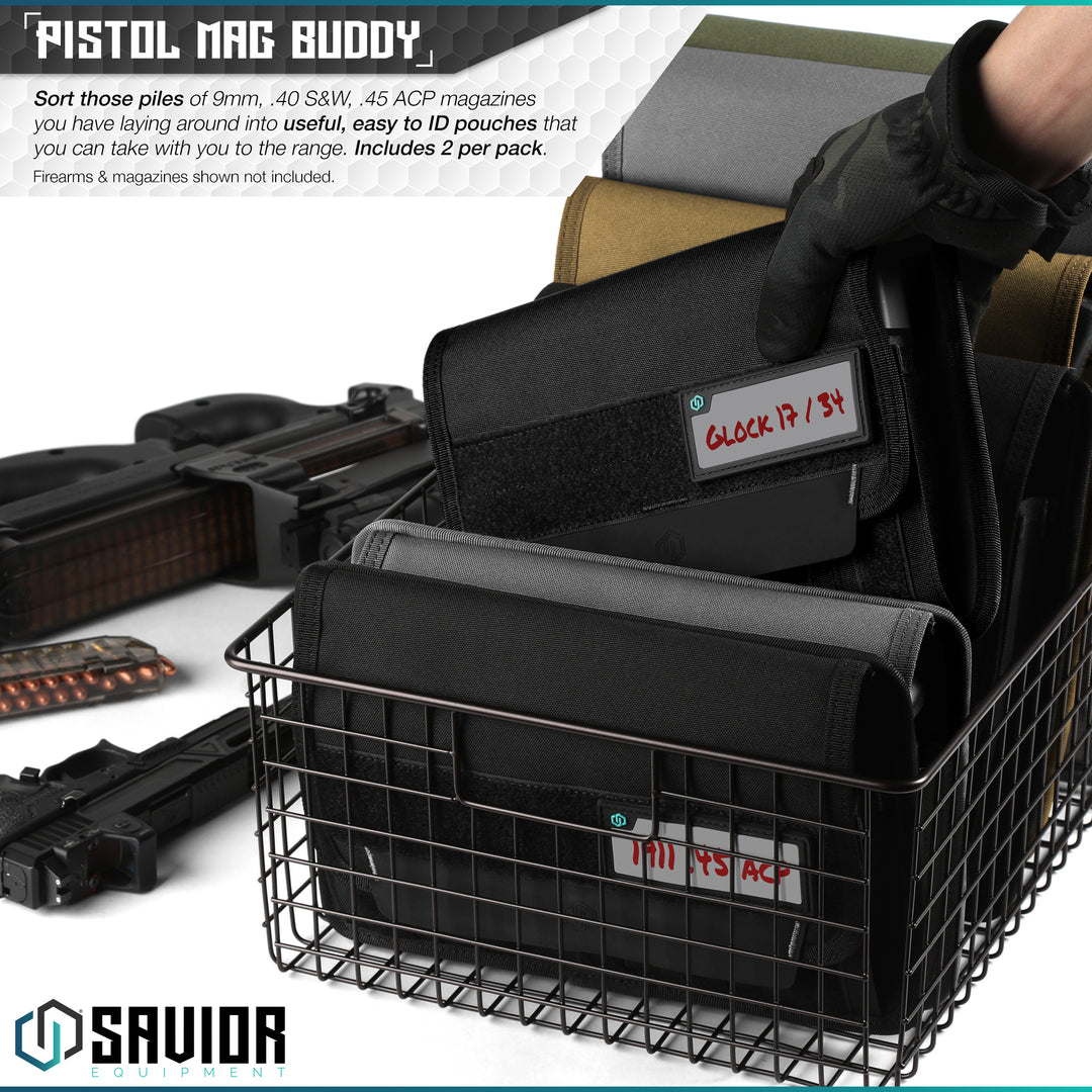Pistol Mag Buddy - Sort those piles of 9mm, .40 S&W, .45 ACP magazines you have laying around into useful, easy to ID pouches that you can take with you to the range. Includes 2 per pack. Firearms & magazines shown not included.#color_obsidian-black