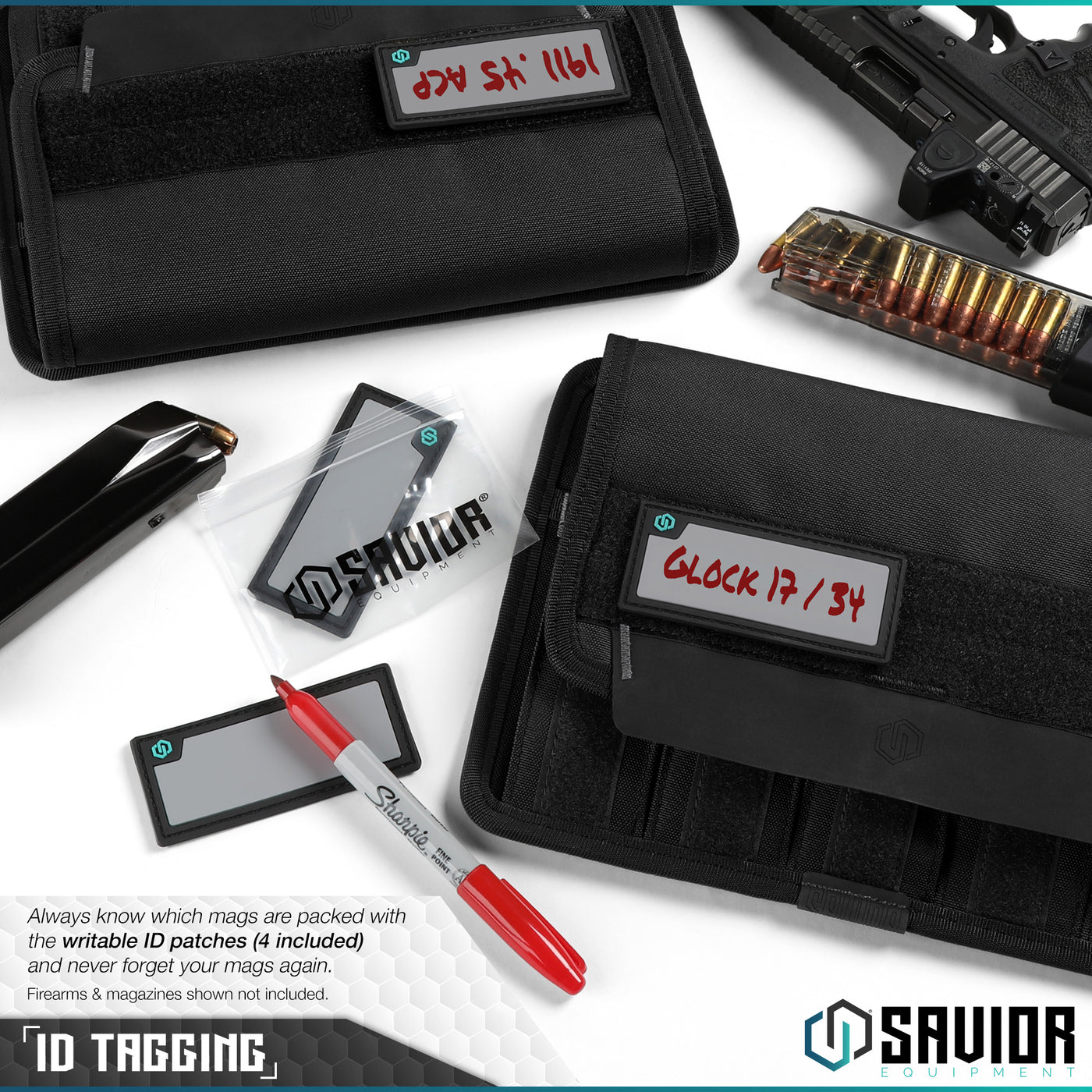 ID Tagging - Always know which mags are packed with the writable ID patches (4 included) and never forget your mags again. Firearms & magazines shown not included.