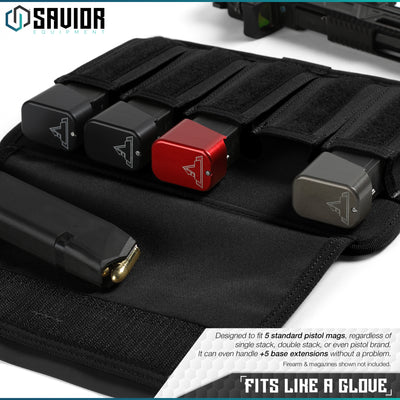 Fits Like A Glove - Designed to fit 5 standard pistol mags, regardless of single stack, double stack, or even pistol brand. It can even handle +5 base extensions without a problem. Firearms & magazines shown not included.