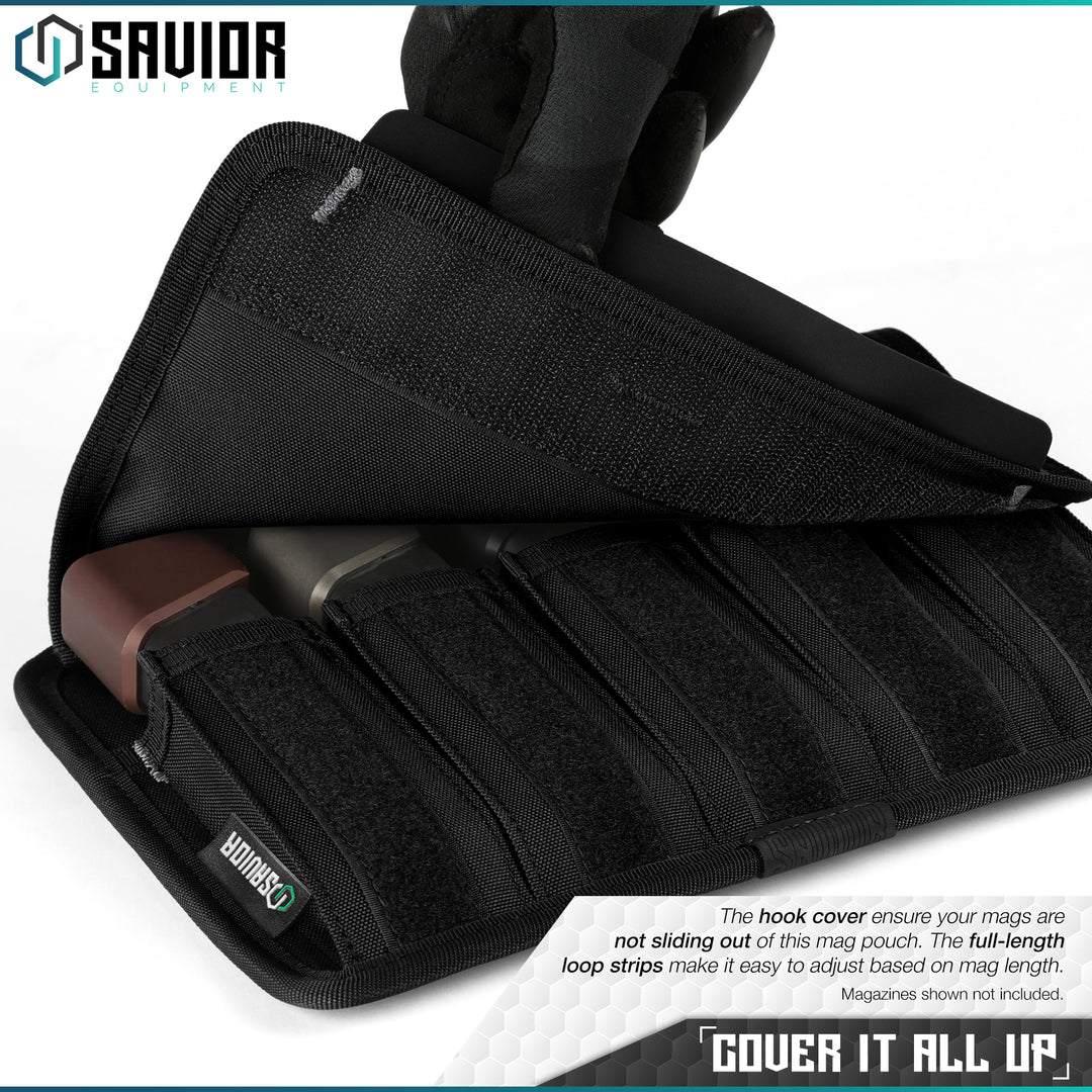 Cover It All Up - The hook cover ensure your mags are not sliding out of this mag pouch. The full-length loop strips make it easy to adjust based on mag length. Magazines shown not included.#color_obsidian-black