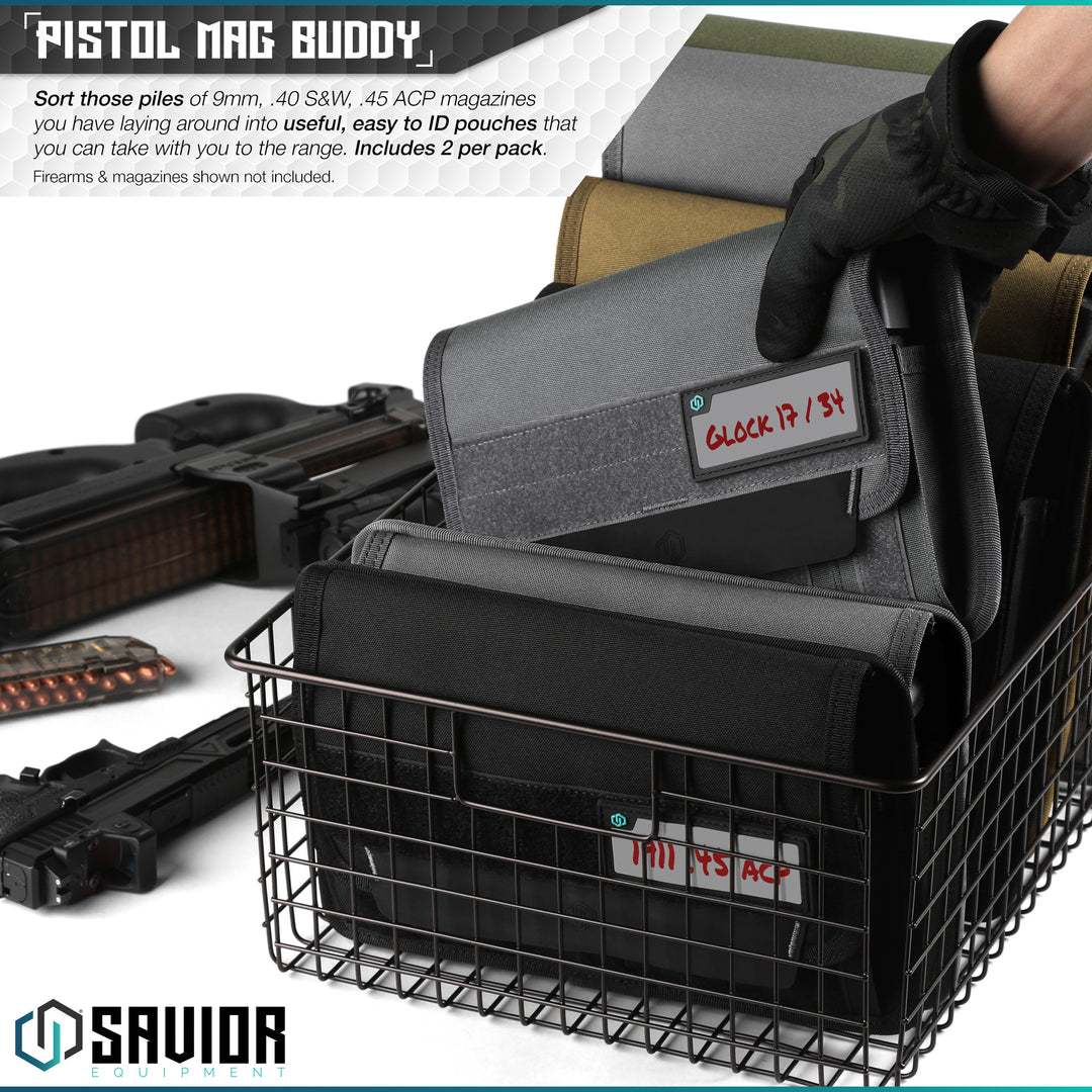 Pistol Mag Buddy - Sort those piles of 9mm, .40 S&W, .45 ACP magazines you have laying around into useful, easy to ID pouches that you can take with you to the range. Includes 2 per pack. Firearms & magazines shown not included.#color_sw-gray