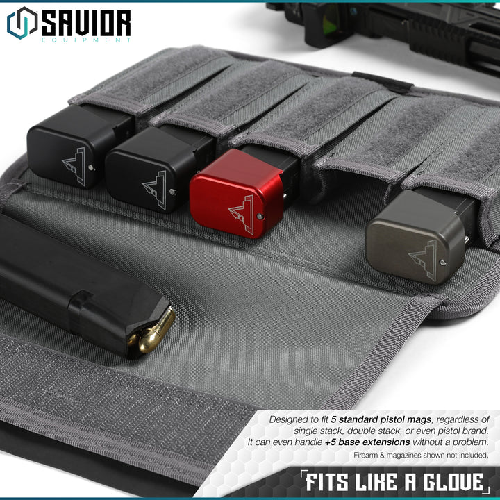 Fits Like A Glove - Designed to fit 5 standard pistol mags, regardless of single stack, double stack, or even pistol brand. It can even handle +5 base extensions without a problem. Firearms & magazines shown not included.#color_sw-gray