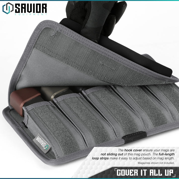 Cover It All Up - The hook cover ensure your mags are not sliding out of this mag pouch. The full-length loop strips make it easy to adjust based on mag length. Magazines shown not included.#color_sw-gray