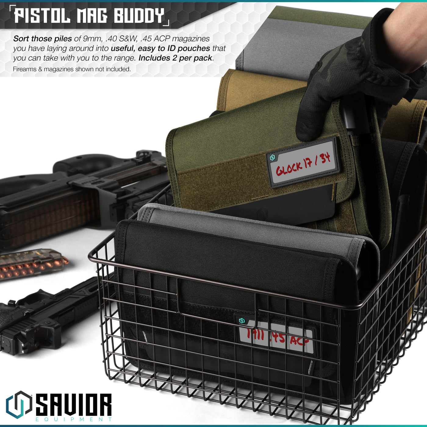 Pistol Mag Buddy - Sort those piles of 9mm, .40 S&W, .45 ACP magazines you have laying around into useful, easy to ID pouches that you can take with you to the range. Includes 2 per pack. Firearms & magazines shown not included.