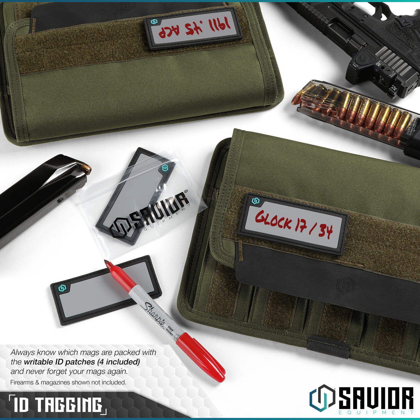 ID Tagging - Always know which mags are packed with the writable ID patches (4 included) and never forget your mags again. Firearms & magazines shown not included.