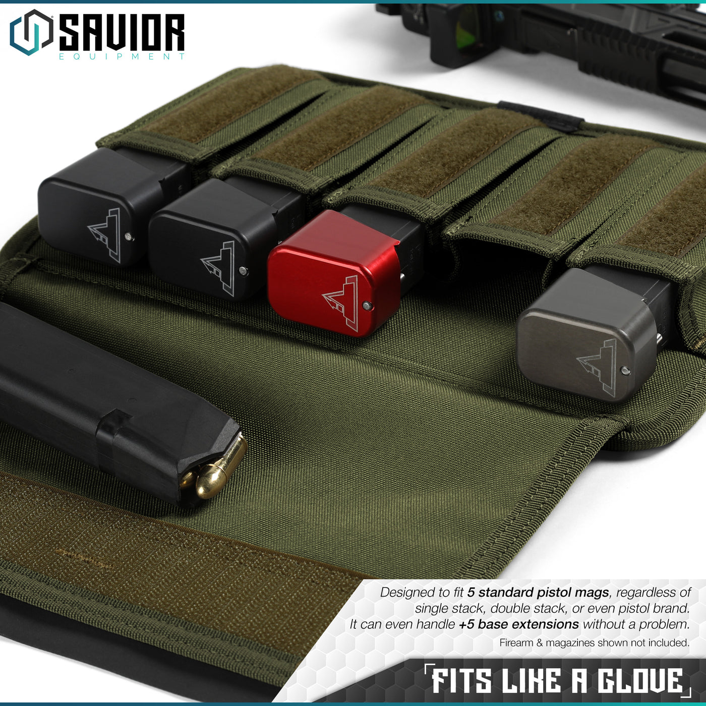 Fits Like A Glove - Designed to fit 5 standard pistol mags, regardless of single stack, double stack, or even pistol brand. It can even handle +5 base extensions without a problem. Firearms & magazines shown not included.