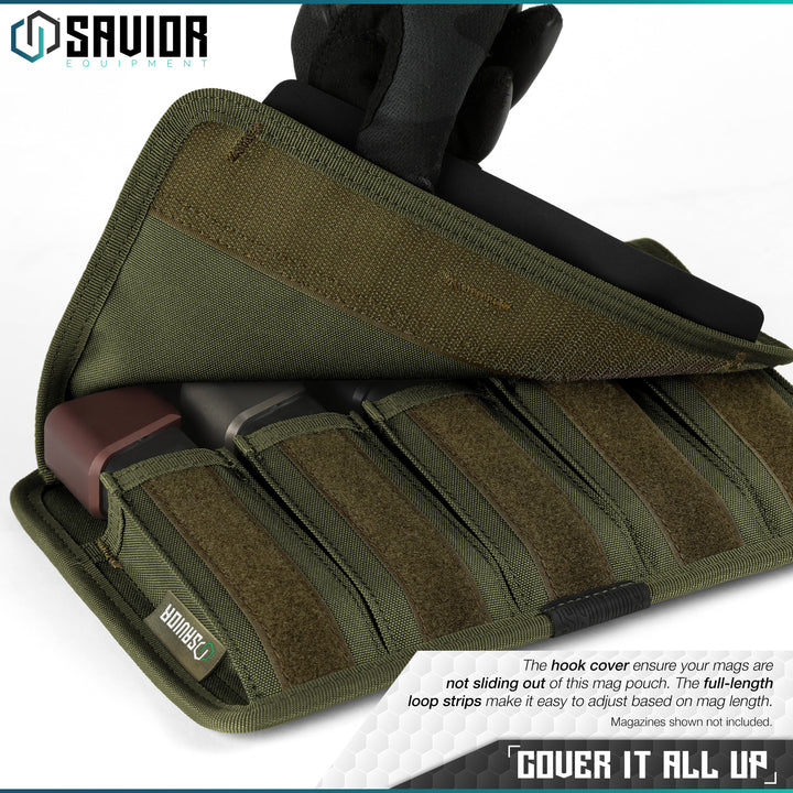 Cover It All Up - The hook cover ensure your mags are not sliding out of this mag pouch. The full-length loop strips make it easy to adjust based on mag length. Magazines shown not included.#color_od-green