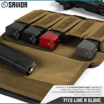 Fits Like A Glove - Designed to fit 5 standard pistol mags, regardless of single stack, double stack, or even pistol brand. It can even handle +5 base extensions without a problem. Firearms & magazines shown not included.