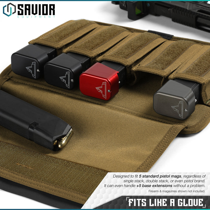 Fits Like A Glove - Designed to fit 5 standard pistol mags, regardless of single stack, double stack, or even pistol brand. It can even handle +5 base extensions without a problem. Firearms & magazines shown not included.#color_dark-fde