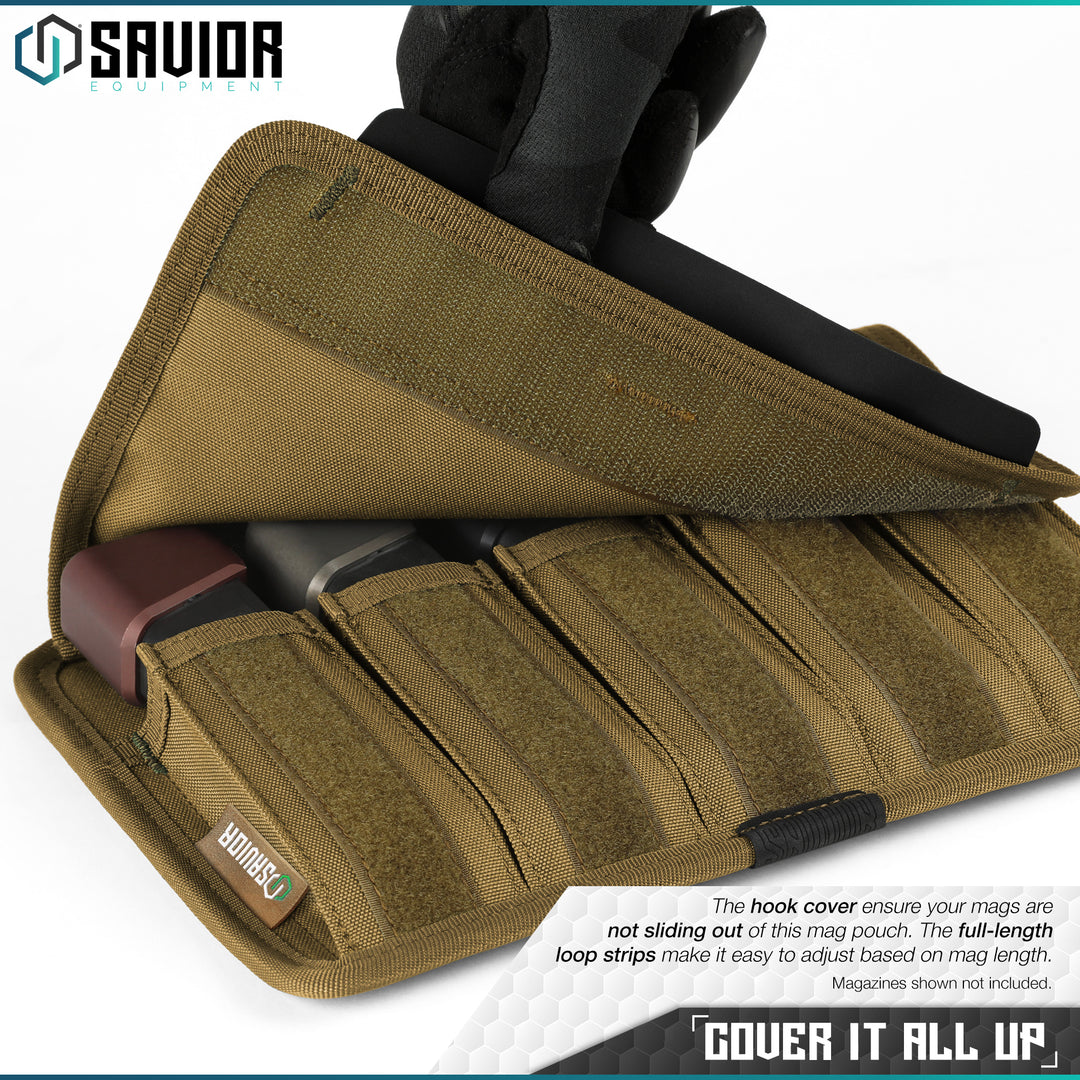Cover It All Up - The hook cover ensure your mags are not sliding out of this mag pouch. The full-length loop strips make it easy to adjust based on mag length. Magazines shown not included.#color_dark-fde