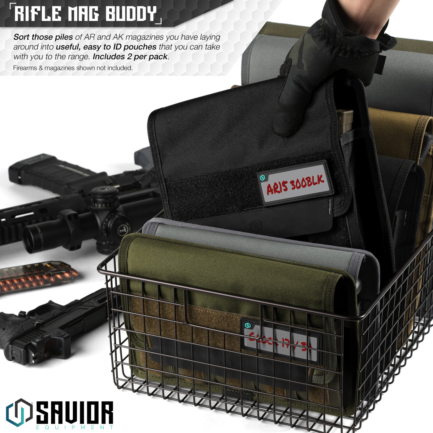 Rifle Mag Buddy - Sort those piles of AR and AK magazines you have laying around into useful, easy to ID pouches that you can take with you to the range. Includes 2 per pack. Firearms & magazines shown not included.