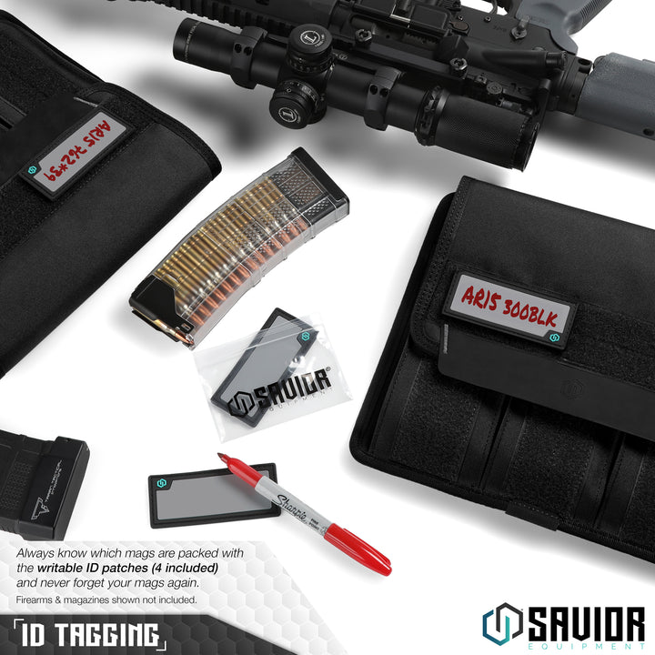 ID Tagging - Always know which mags are packed with the writable ID patches (4 included) and never forget your mags again. Firearms & magazines shown not included.#color_obsidian-black