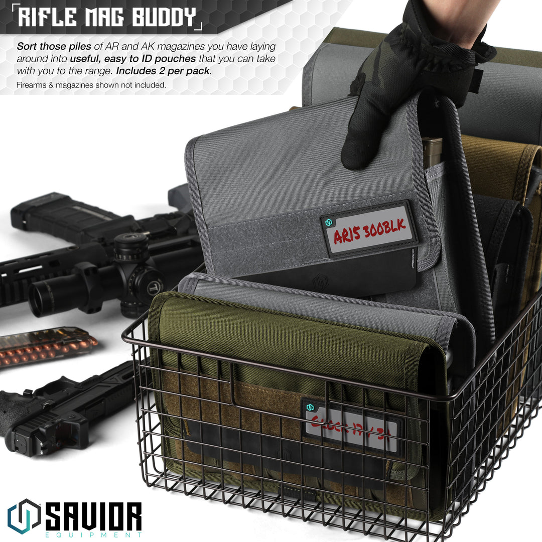 Rifle Mag Buddy - Sort those piles of AR and AK magazines you have laying around into useful, easy to ID pouches that you can take with you to the range. Includes 2 per pack. Firearms & magazines shown not included.#color_sw-gray