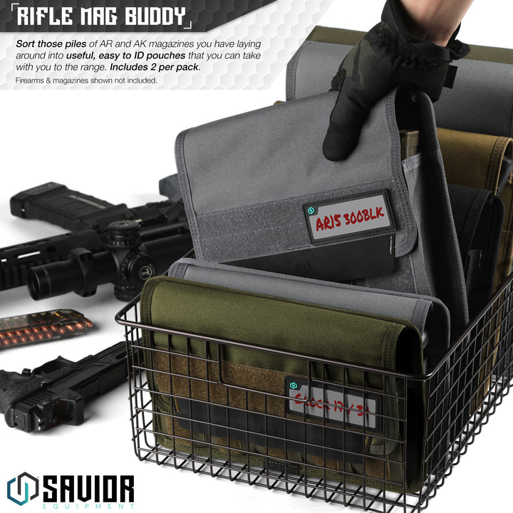 Rifle Mag Buddy - Sort those piles of AR and AK magazines you have laying around into useful, easy to ID pouches that you can take with you to the range. Includes 2 per pack. Firearms & magazines shown not included.#color_sw-gray
