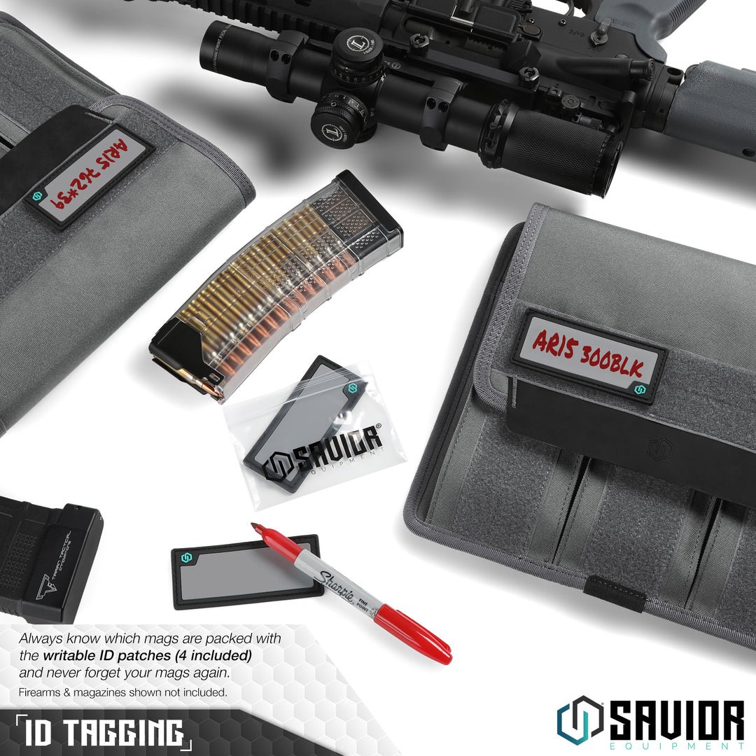 ID Tagging - Always know which mags are packed with the writable ID patches (4 included) and never forget your mags again. Firearms & magazines shown not included.#color_sw-gray