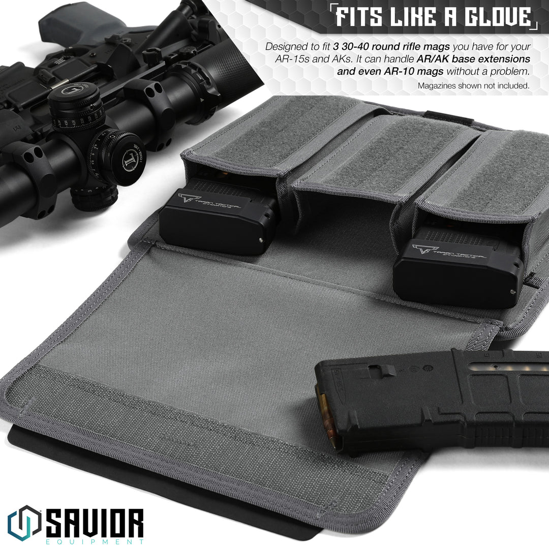 Fits Like A Glove - Designed to fit 3 30-40 round rifle mags you have for your AR-15s and AKs. It can handle AR/AK base extensions and even AR-10 mags without a problem. Firearms & magazines shown not included.#color_sw-gray