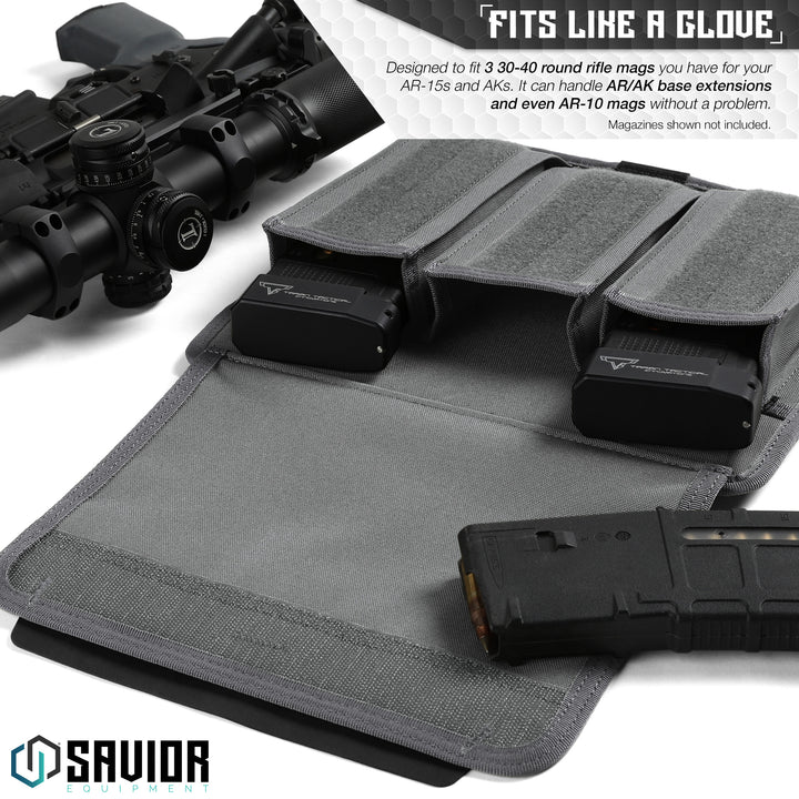 Fits Like A Glove - Designed to fit 3 30-40 round rifle mags you have for your AR-15s and AKs. It can handle AR/AK base extensions and even AR-10 mags without a problem. Firearms & magazines shown not included.#color_sw-gray