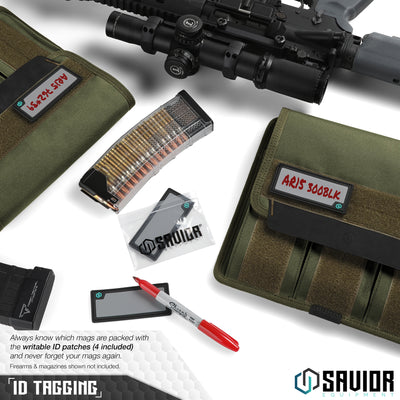 ID Tagging - Always know which mags are packed with the writable ID patches (4 included) and never forget your mags again. Firearms & magazines shown not included.