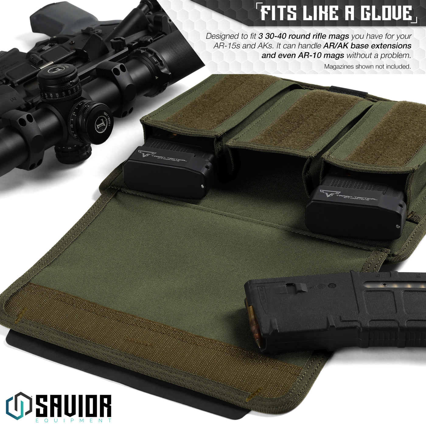 Fits Like A Glove - Designed to fit 3 30-40 round rifle mags you have for your AR-15s and AKs. It can handle AR/AK base extensions and even AR-10 mags without a problem. Firearms & magazines shown not included.