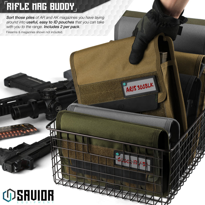 Rifle Mag Buddy - Sort those piles of AR and AK magazines you have laying around into useful, easy to ID pouches that you can take with you to the range. Includes 2 per pack. Firearms & magazines shown not included.#color_dark-fde