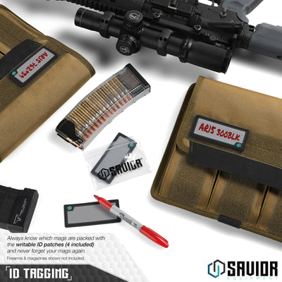 ID Tagging - Always know which mags are packed with the writable ID patches (4 included) and never forget your mags again. Firearms & magazines shown not included.