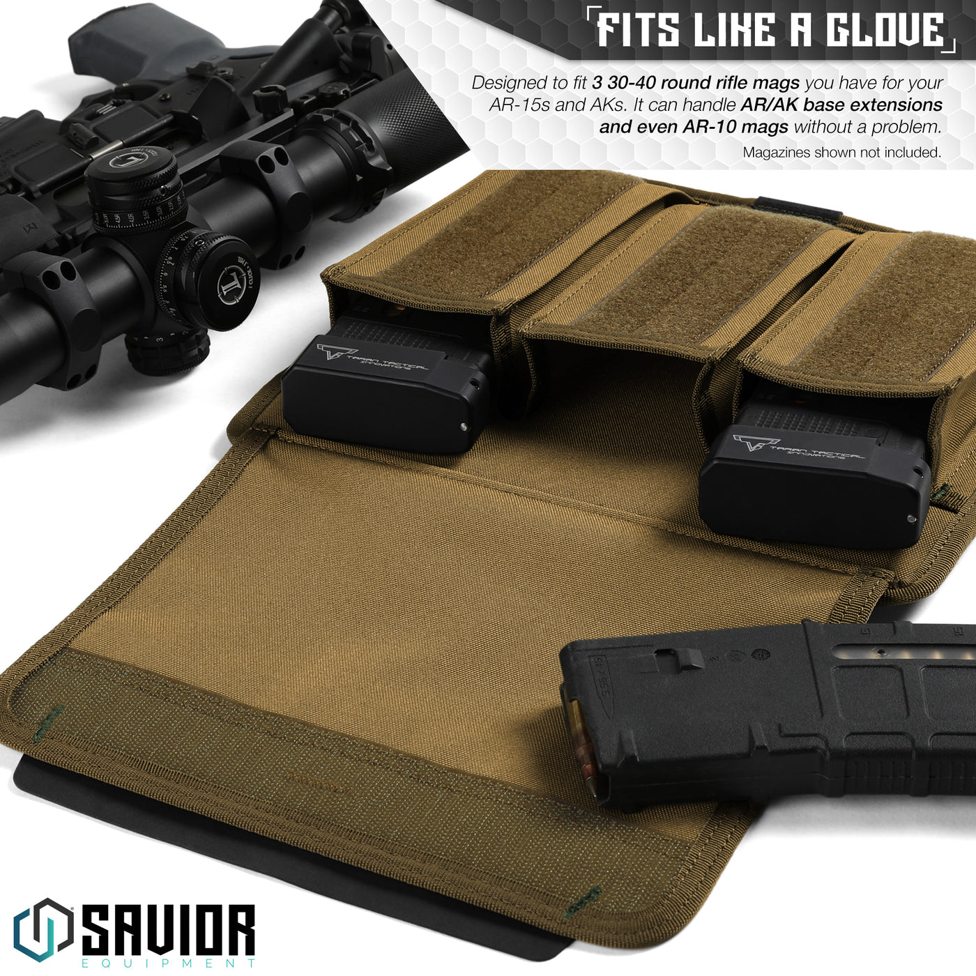 Fits Like A Glove - Designed to fit 3 30-40 round rifle mags you have for your AR-15s and AKs. It can handle AR/AK base extensions and even AR-10 mags without a problem. Firearms & magazines shown not included.