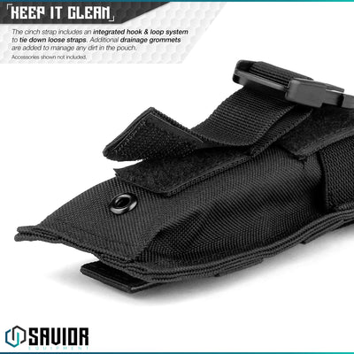 Keep It Clean - The Cinch Strap Includes an Integrated Hook & Loop System to Tie Down Loose Straps. Additional Drainage Grommets are added to Manage any Dirt in the Pouch. Accessories shown not included.