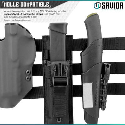 MOLLE Compatible - Attach the Magazine Pouch to any Molle Webbing with the Supplied MOLLE Compatible Straps. The Pouch Can Also Be Easily Attached to a Belt. Accessories shown not included.