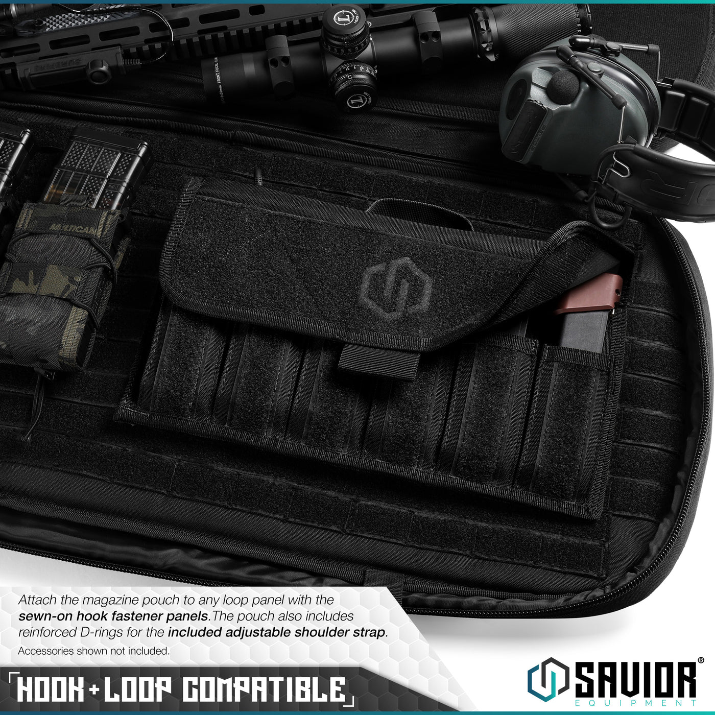 Hook-N-Loop Compatible - Attach the magazine pouch to any loop panel with the sewn-on hook fastener panel. The pouch can also be easily attached to a belt with the built-in belt loop. Accessories shown not included.