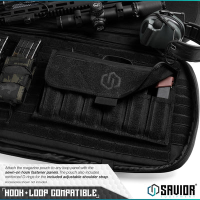 Hook-N-Loop Compatible - Attach the magazine pouch to any loop panel with the sewn-on hook fastener panel. The pouch can also be easily attached to a belt with the built-in belt loop. Accessories shown not included.#color_obsidian-black