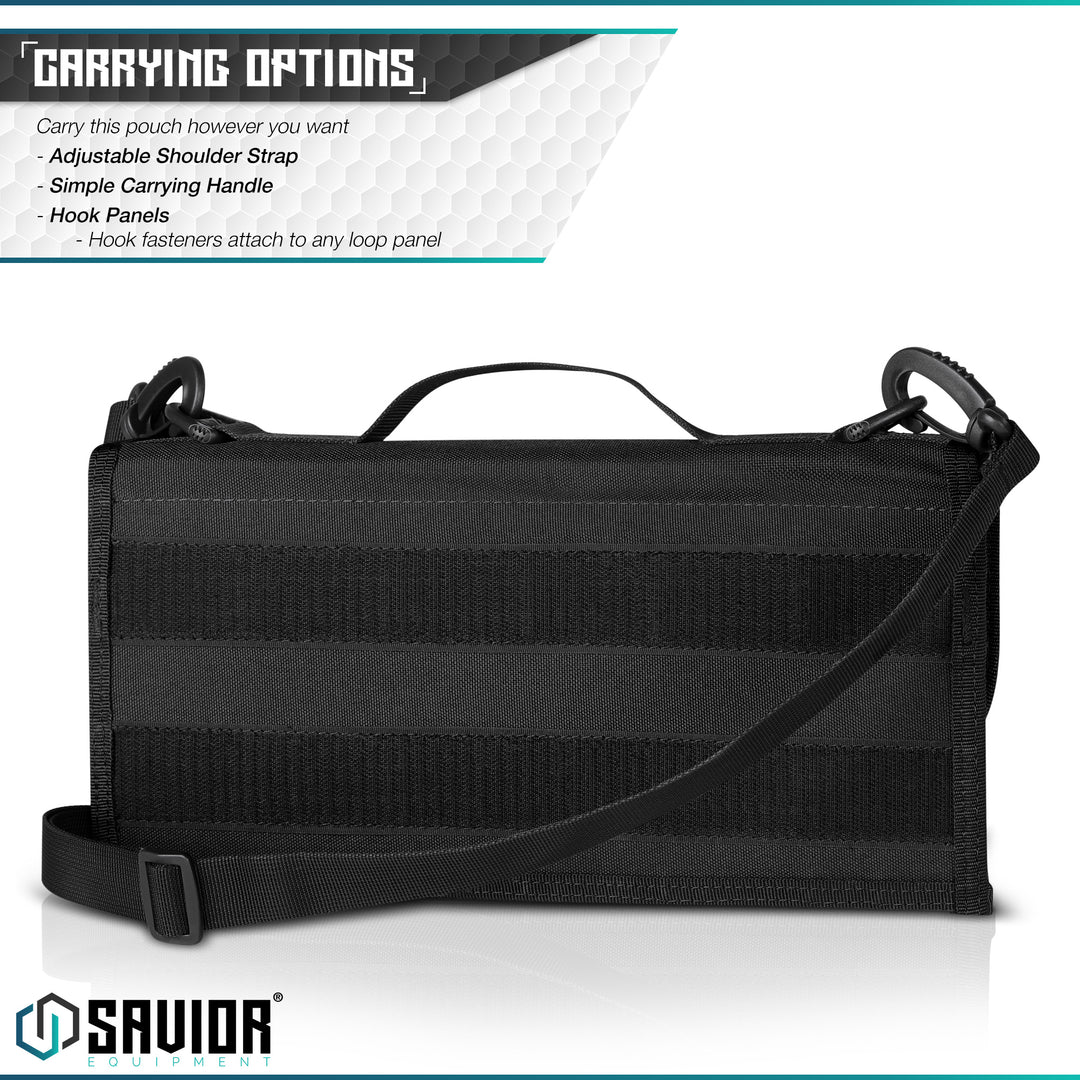 Multiple Carrying Options - You can carry this mag pouch with the adjustable shoulder strap on any D-Rings on the pouch or hook fasteners to attach to any loop panel.#color_obsidian-black