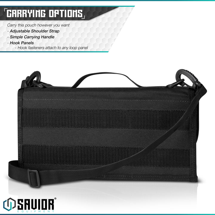 Multiple Carrying Options - You can carry this mag pouch with the adjustable shoulder strap on any D-Rings on the pouch or hook fasteners to attach to any loop panel.#color_obsidian-black
