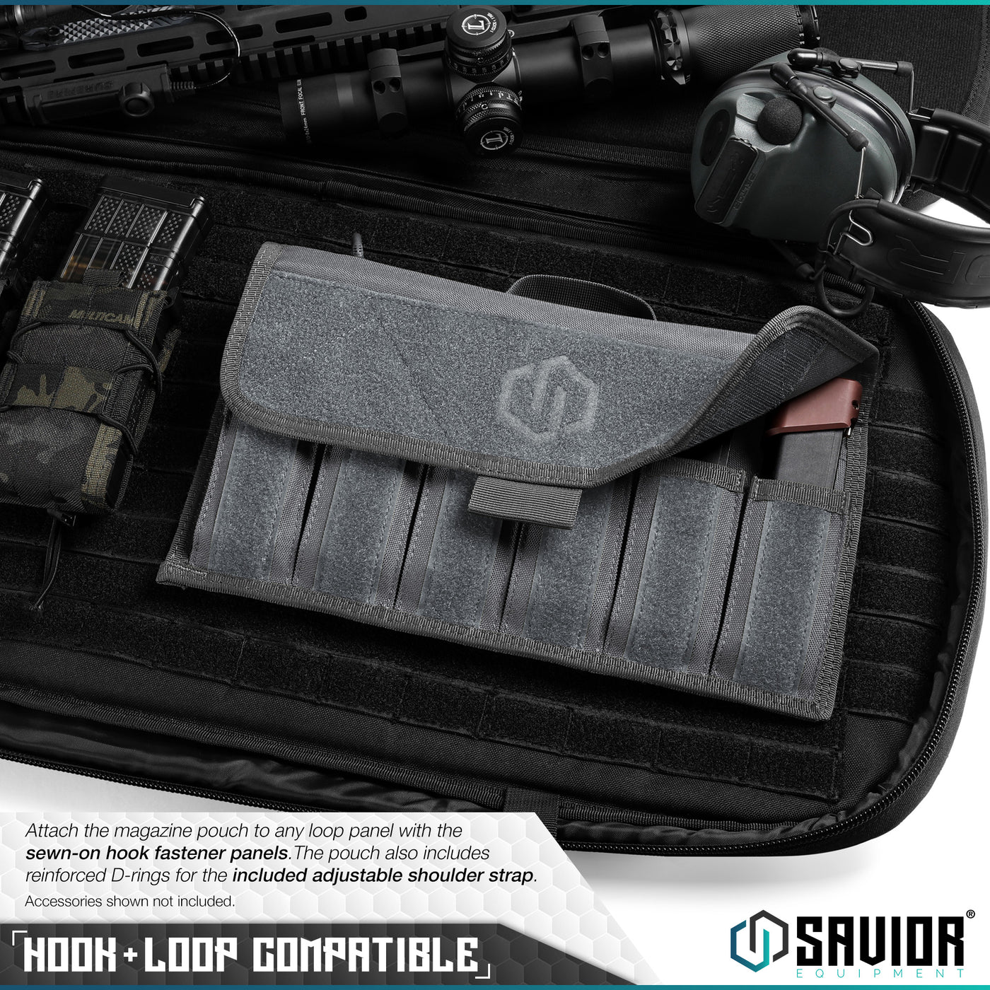Hook-N-Loop Compatible - Attach the magazine pouch to any loop panel with the sewn-on hook fastener panel. The pouch can also be easily attached to a belt with the built-in belt loop. Accessories shown not included.