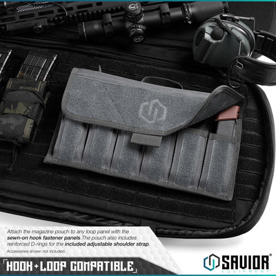 Hook-N-Loop Compatible - Attach the magazine pouch to any loop panel with the sewn-on hook fastener panel. The pouch can also be easily attached to a belt with the built-in belt loop. Accessories shown not included.