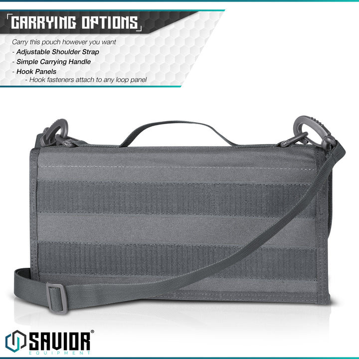Multiple Carrying Options - You can carry this mag pouch with the adjustable shoulder strap on any D-Rings on the pouch or hook fasteners to attach to any loop panel.#color_sw-gray