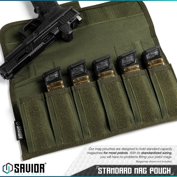 Standard Mag Pouch - Our mag pouches are designed to hold standard capacity magazines for most pistols. With its standardized sizing, you will have no problems fitting your pistol mags. Magazines shown not included.#color_od-green