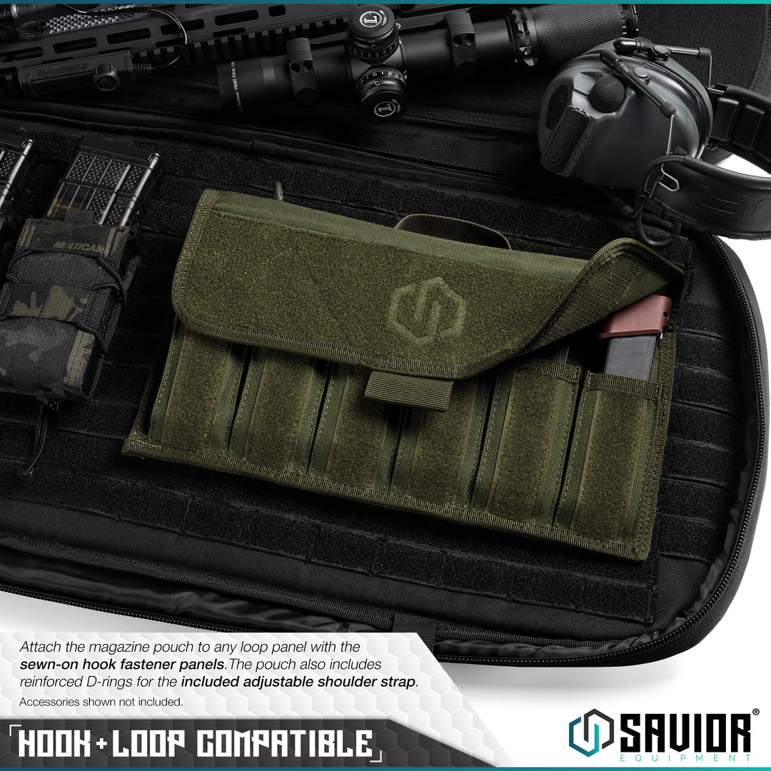 Hook-N-Loop Compatible - Attach the magazine pouch to any loop panel with the sewn-on hook fastener panel. The pouch can also be easily attached to a belt with the built-in belt loop. Accessories shown not included.#color_od-green