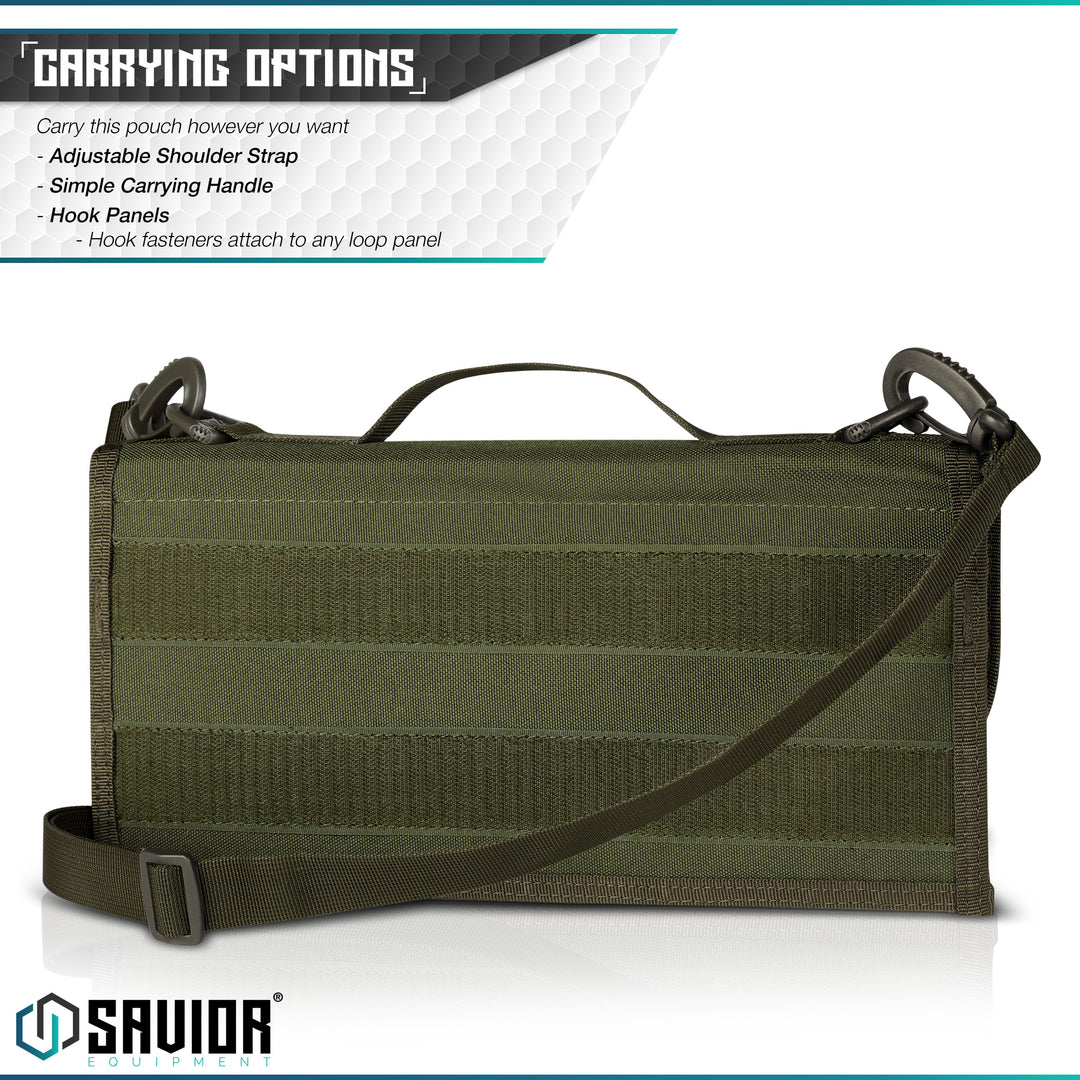 Multiple Carrying Options - You can carry this mag pouch with the adjustable shoulder strap on any D-Rings on the pouch or hook fasteners to attach to any loop panel.#color_od-green