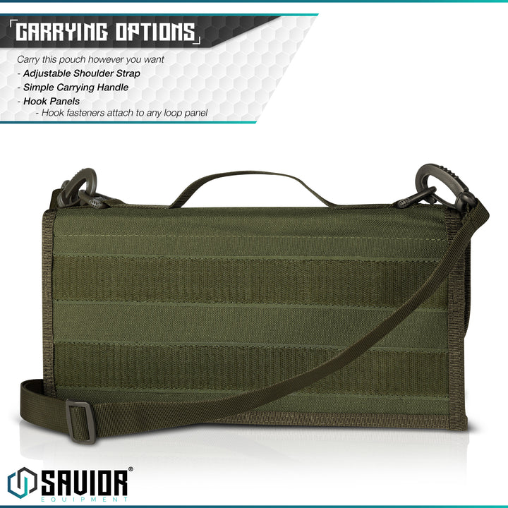 Multiple Carrying Options - You can carry this mag pouch with the adjustable shoulder strap on any D-Rings on the pouch or hook fasteners to attach to any loop panel.#color_od-green