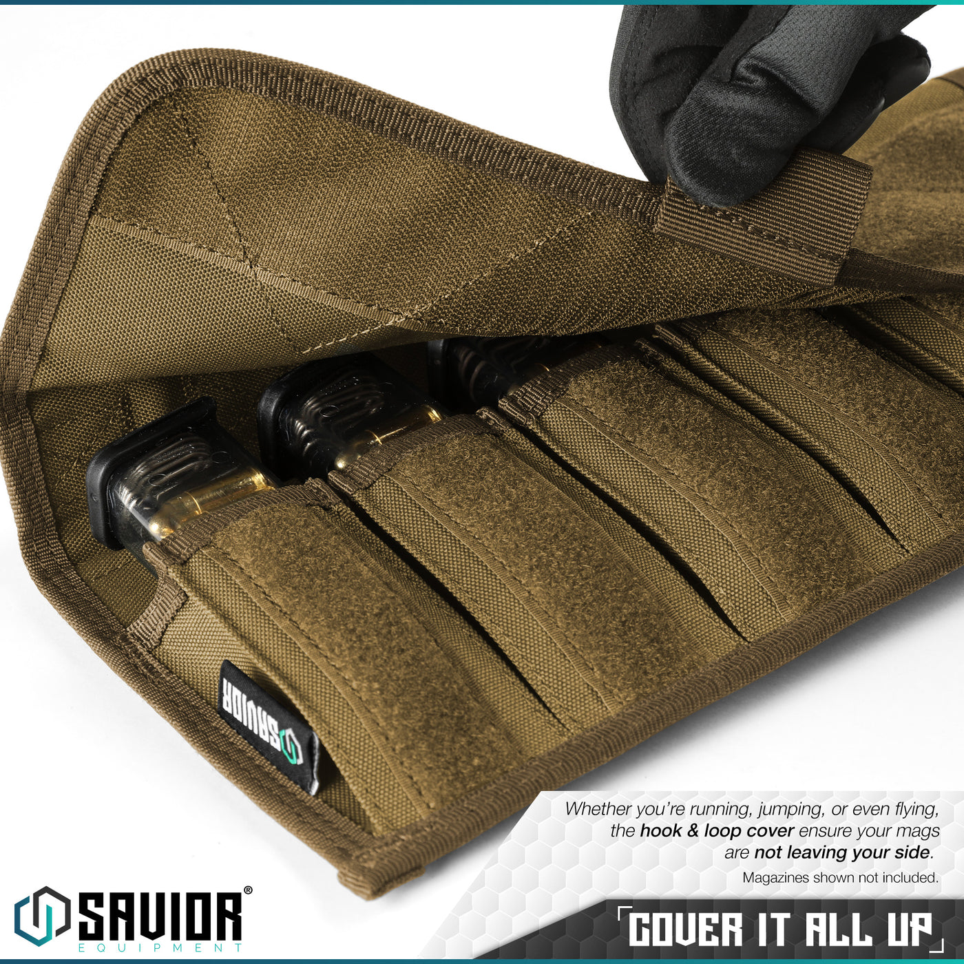 Cover it all up - Whether you're running, jumping or even flying, the hook & loop cover straps ensure your mags are not leaving your side. Magazines shown not included.